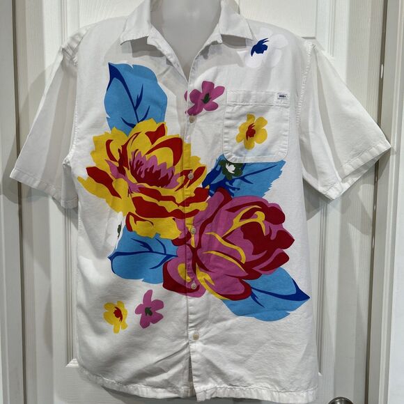 Vintage Style Vans Men XXL White Surf Camp Hawaiian Shirt Floral Painted Pattern - Picture 1 of 13